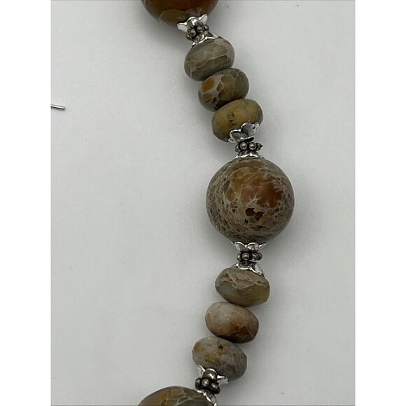 Beaded Stone Necklace & Earrings Set Natural Beige Sterling Silver Posts 18" - Picture 4 of 11